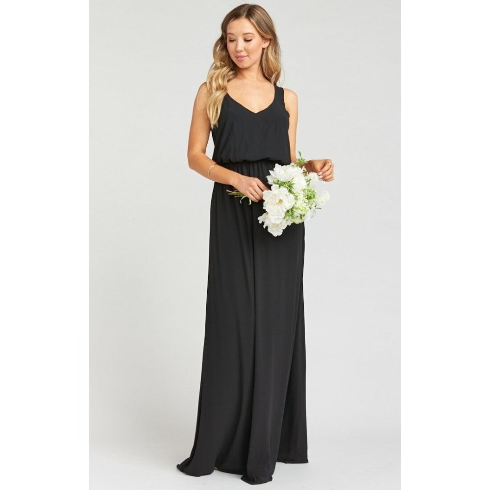 Show Me Your MuMu Kendall Maxi Dress Size Medium Black Chiffon Low Back V Neck - Picture 2 of 11